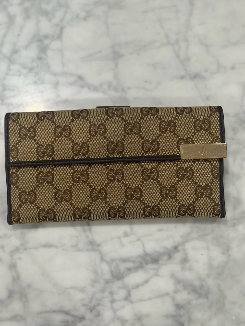 Gucci Brown Monogram Trifold Card Holder with Gold Accent